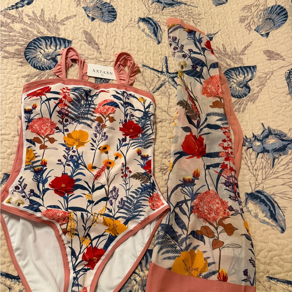 Women’s Size L Floral One Piece Swimsuit with skirt wrap- Red,Yellow 2 Piece Set